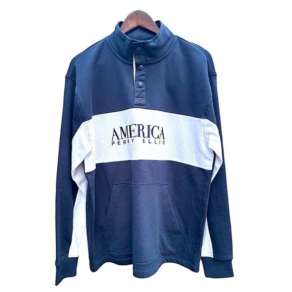 Perry Ellis America Navy Blue & White Pullover Fleece Sweater Size M w/ Pocket - Picture 3 of 13